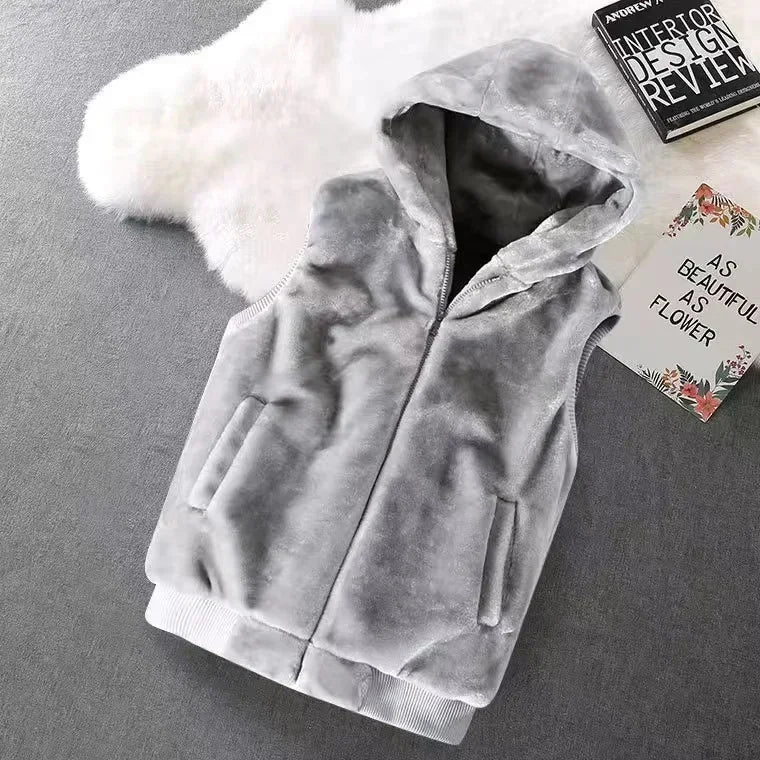 2026 Autumn Winter Men's Thicked Golden Velvet Warm Vest Fashion Solid Sleeveless Zipper Hooded Jacket Fake Fur Couple Waistcoat