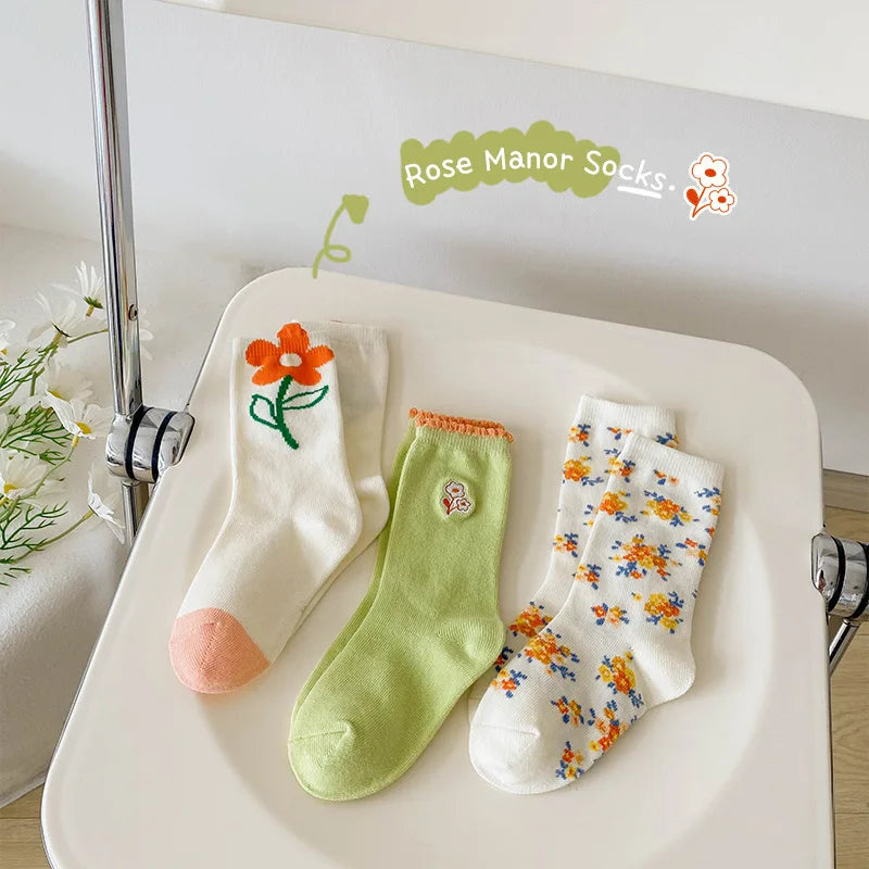 1-12Year 3Pairs Pack 2024 Spring Floral Medium Stockings Embroidery Lace Thin Princess Stockings Girls' Socks