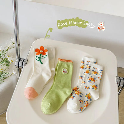 1-12Year 3Pairs Pack 2024 Spring Floral Medium Stockings Embroidery Lace Thin Princess Stockings Girls' Socks