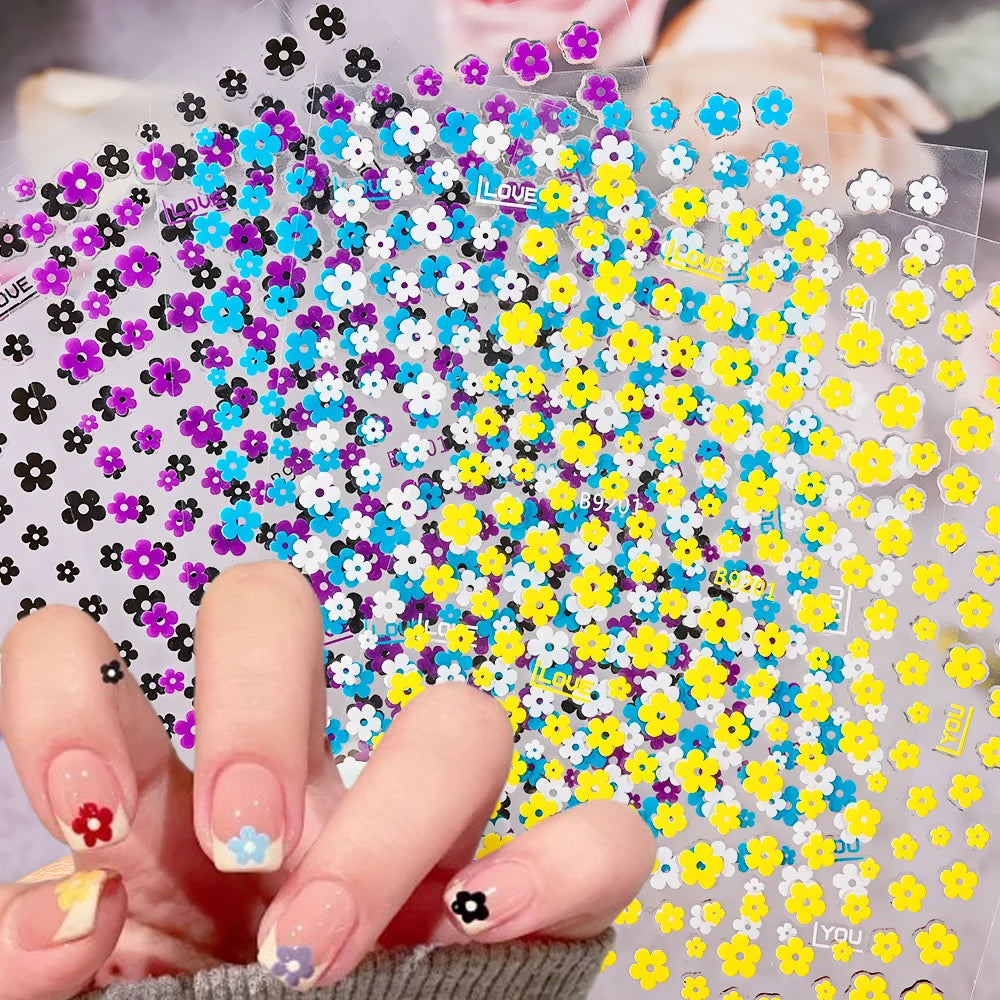 1Pcs 3D Black White 5-Petal Flowers Nail Stickers Mini Florals Self-Adhesive Nail Decals Fresh Bloom Manicure Decorations Slider