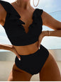 Solid Color Sexy V-neck Ruffle Bikini 2026 Women 2 Piece Swimwear Push Up Padded High Waist Swimsuit Summer Beach Bathing Suit
