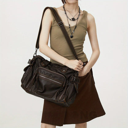 Retro tote bag motorcycle bag soft PU leather large capacity shoulder bag Y2K punk multi pocket crossbody bag