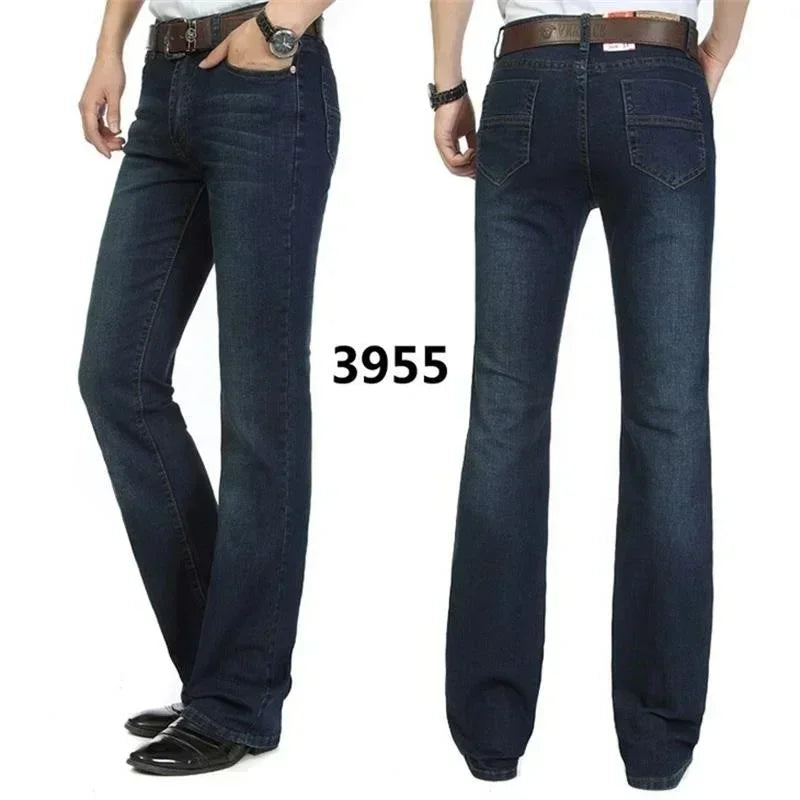 Male Bell Bottom Denim Trousers Slim Black Boot Cut Jeans Men's Clothing Casual Business Flares Pants