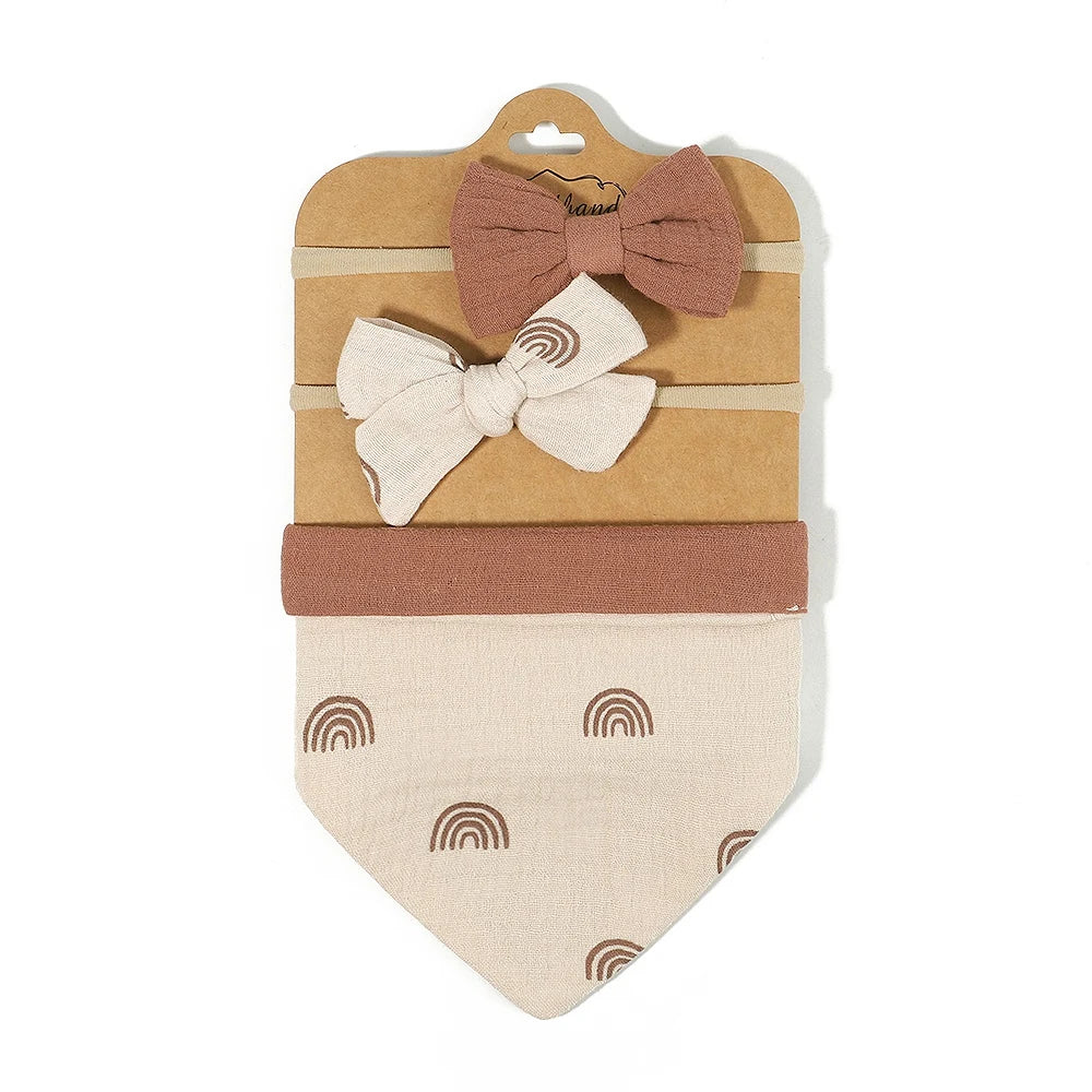 3Pcs/Set Muslin Cotton Print Bib Newborn Bows Headband Triangle Saliva Towel Infant Boy Girl Feeding Burp Baby Hair Accessories