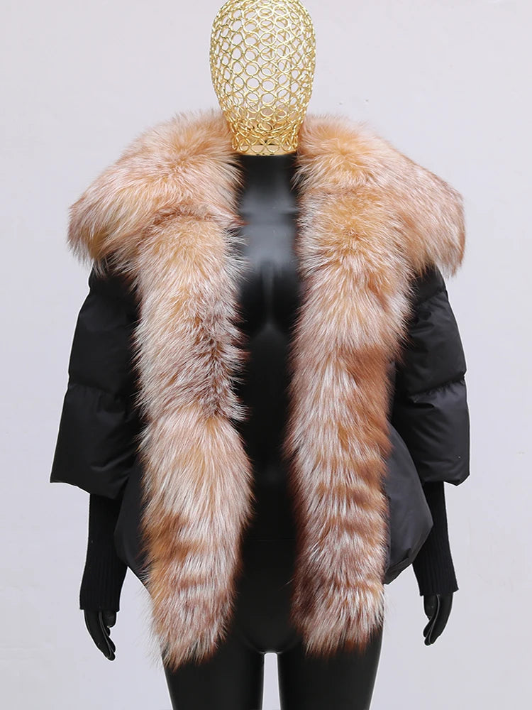 Oversized Winter Warm Real Fox Fur Collar Black Down Coat Women Puffer Outerwear Jackets 2024 Autumn Winter
