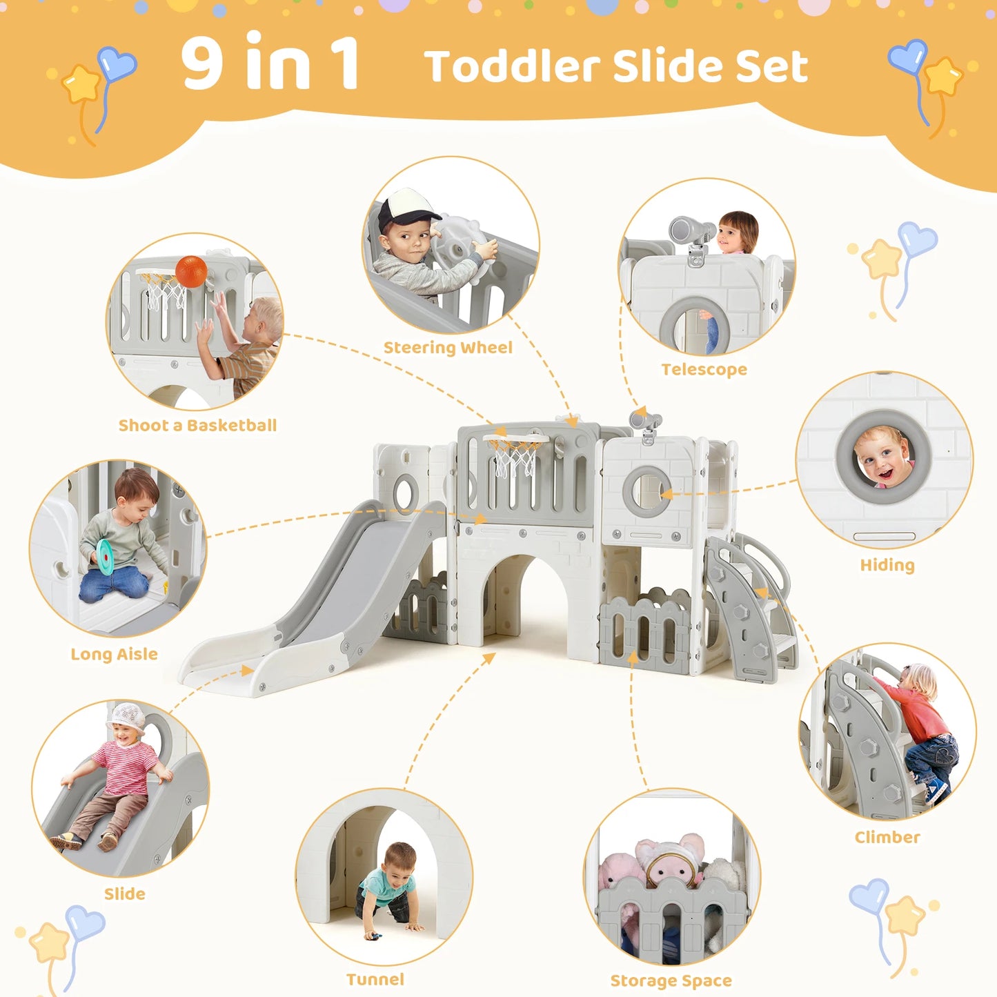 Toddler Slide, 9 in 1 Kids Slide and Climber Playset Indoor Outdoor Playground for Children, w/Basketball Hoop & Ball Telescope