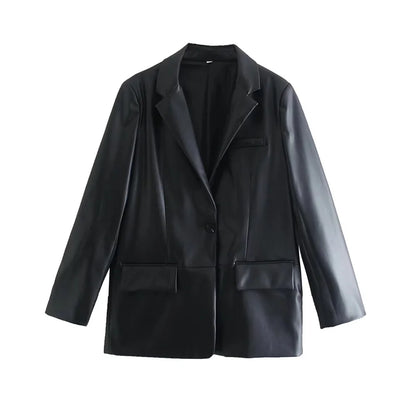 Women's Fashion Faux Leather Blazer Coat Loose Fit Old Money Style Long Sleeve Front Button Chic Outerwear Top