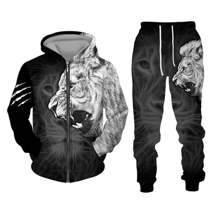 Spring and Autumn Men's Tracksuit 3D The Lion Print Zipper Hoodies Sweatshirts Pants Sets Casual Mens Clothing Women's Tracksuit