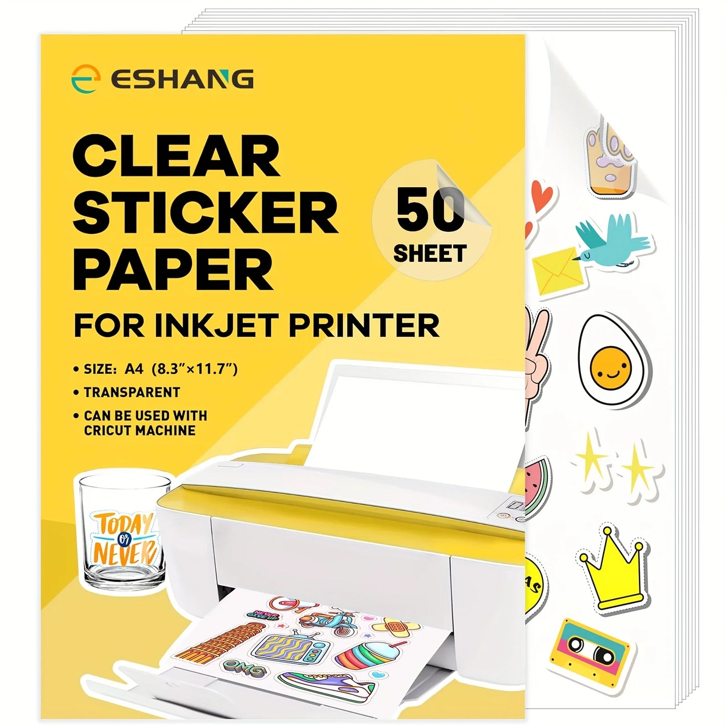 50 Sheets A4 Size Clear No-Waterproof Sticker Paper for Inkjet Printer,8.3 X 11.7 Inches Printable Self Adhesive Printer Sticker