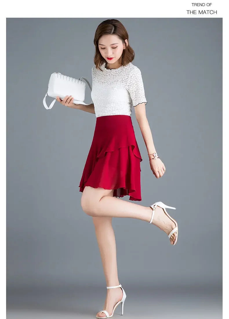Fashion Solid Color Spliced Ruffles Chiffon Skirts Women's Clothing Summer New Loose Office Lady Elastic High Waist Skirts