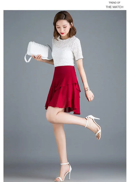 Fashion Solid Color Spliced Ruffles Chiffon Skirts Women's Clothing Summer New Loose Office Lady Elastic High Waist Skirts