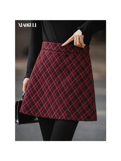 XIAOGULI 2026 Autumn Winter Women Mini Skirt Vintage Style Red Plaid High Waisted Elegant Office Casual Short Skirt