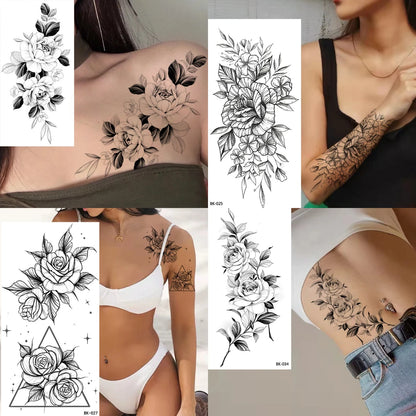 Waterproof Temporary Tattoo Sticker Flowers Roses Lilies Peonies Geometric Patterns Body Art Arm Fake Tattoos Sleeve Women Men