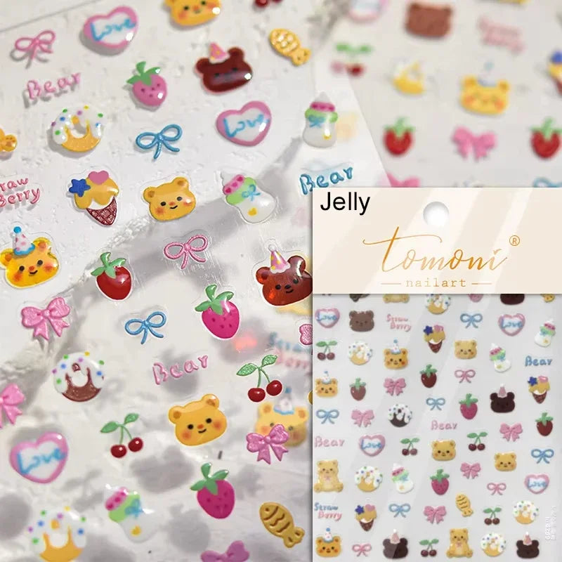 5D Cute Rabbit Love Heart Peach Blossom Flower Yellow Nail Art Stickers Bowknot DIY Self Adhesive Rhinestone Manicure Decals