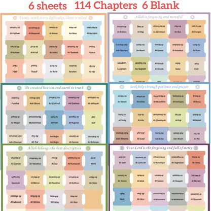 120pcs Quran Index Tabs - 114 Chapters And 6 Blank, Self-Adhesive 6 Sheets Laminated Quran Tabs-Tear-Resistant , Clear Print for
