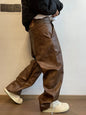 Mauroicardi Autumn Long Retro Cool Baggy Distressed Washed Brown Soft Pu Leather Wide Leg Pants for Men Luxury Designer Clothes