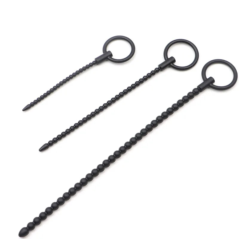 Deep Sensation Self-Discovery: 3-Piece Silicone Beaded Urethral Sound Set with Safety Pull Ring Male Intimate Penis Plug Trainer