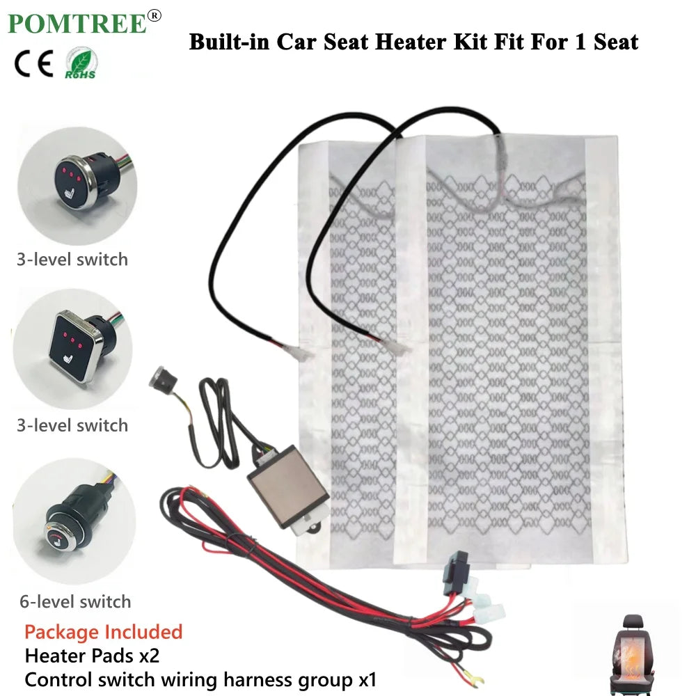 12V 50W Universal Built-in Car Seat Heater Kit Fit 1 Seat,2pcs Carbon Fiber heating Pads Single Control Switch with Harness