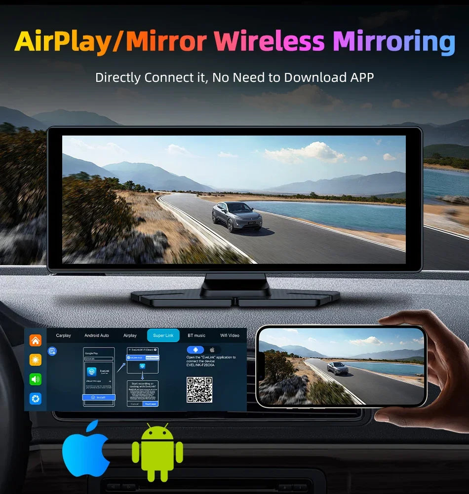 7"/10.26" 4K Dash Cam Wireless Carplay Android Auto 350° Rotating Lens Car DVR GPS Navigation Dashboard Video Recorder Bluetooth