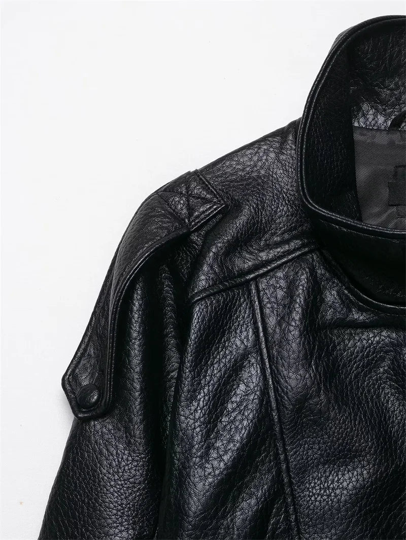 Women's Faux Leather Jacket 2025 New Fashion Autumn Black Long Sleeve Pebble Jacket Motorcycle Style Personality Ladies Jacket