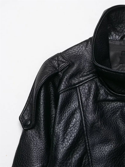 Women's Faux Leather Jacket 2025 New Fashion Autumn Black Long Sleeve Pebble Jacket Motorcycle Style Personality Ladies Jacket