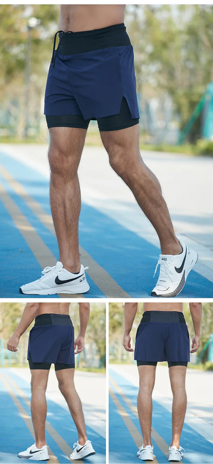 2 in 1 Trail Running Marathon Multifunctional Shorts Quick Dry Long Distance Training Sports Men Summer Lining With Waist bag