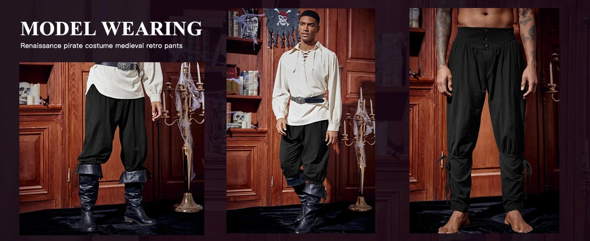 Mens Medieval Ankle Pants Renaissance Viking Pirate Lace Up Tapered Halloween Linen Costume Trousers Cargo Pants