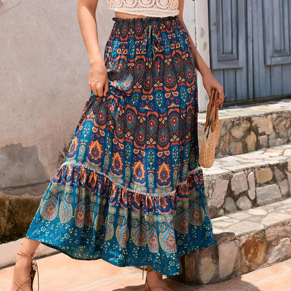 Women's Casual Temperament Skirt Women's Fashionable Bohemian Printed Elastic Waist Temperament Skirt Big Sway Temperament Skirt