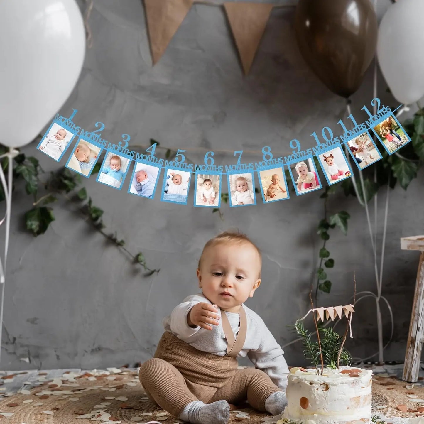 Baby First Birthday Banner, kraft paper Growth Record 1-12 Month Photo Props Baby Boy Girl Party Decoration Supplies