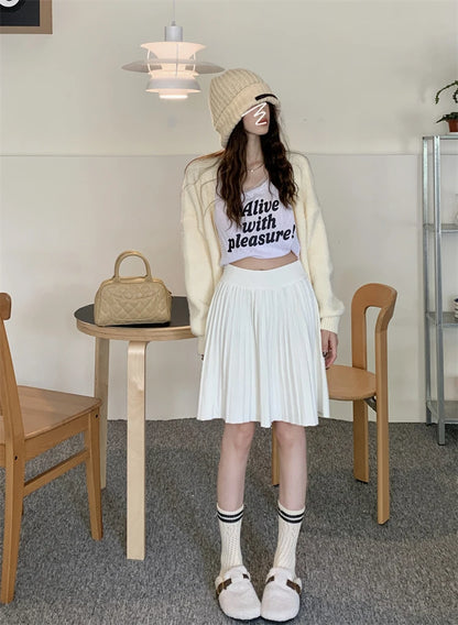White Knitted Pleated Skirt Women Autumn Winter 2025 New High Waist Mini Skirt Lady's Fashion Korean Solid Women's Short Skirts