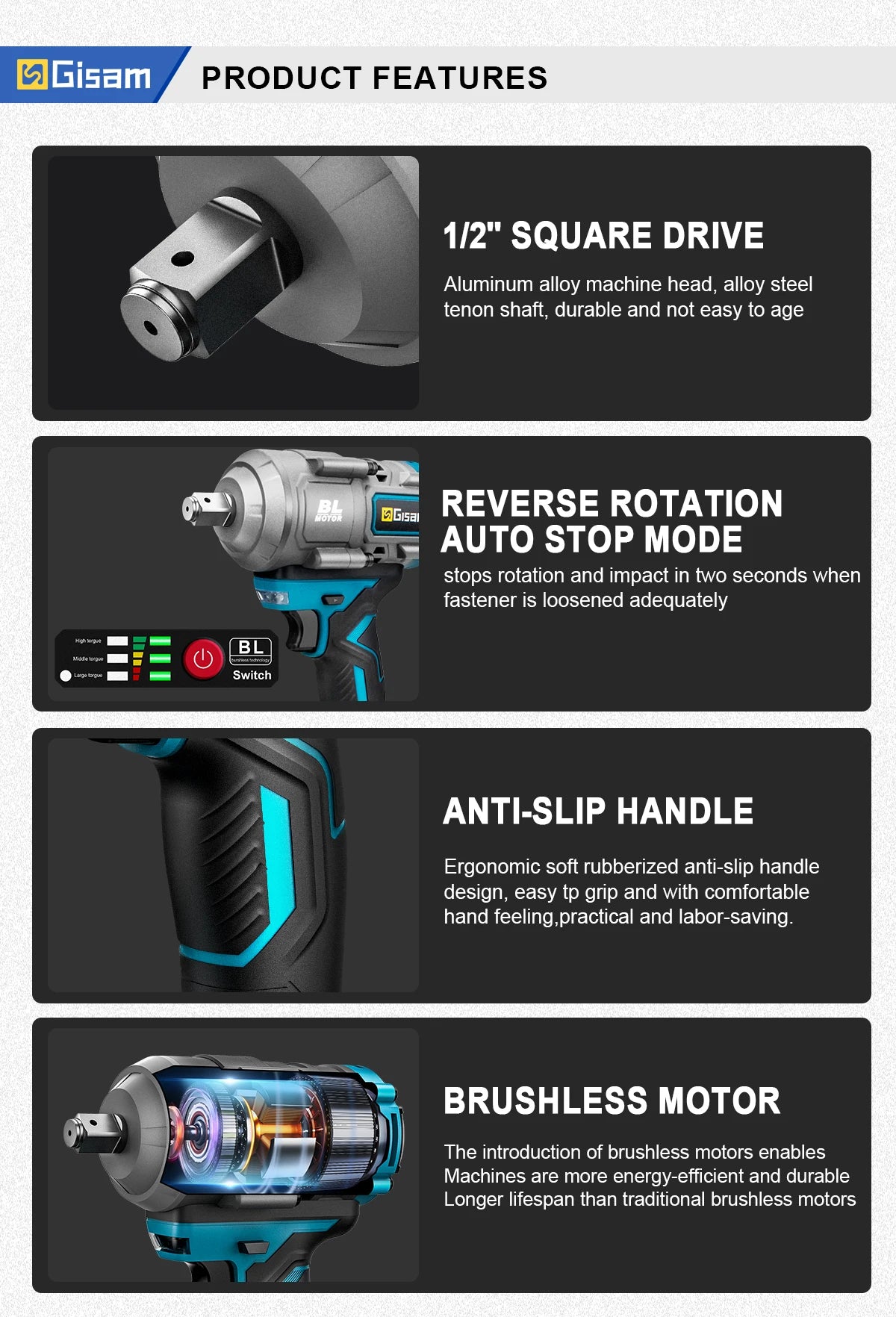 Gisam 2000N.M Brushless Electric Impact Wrench 1/2 inch Cordless Screwdriver Drill 3Gear Electric Wrench Power Tool For Makita 18V Battery Pin