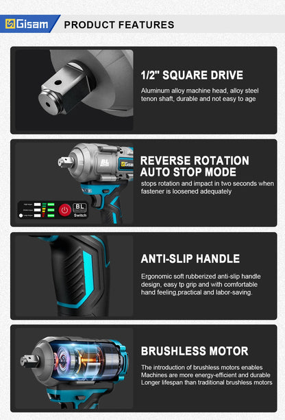Gisam 2000N.M Brushless Electric Impact Wrench 1/2 inch Cordless Screwdriver Drill 3Gear Electric Wrench Power Tool For Makita 18V Battery Pin