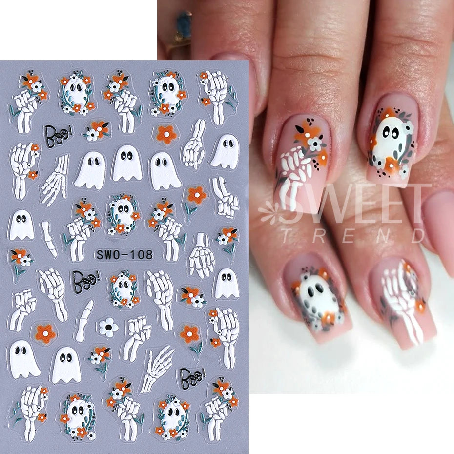1/3pcs 3D Halloween Nail Stickers Pumpkin Ghost Spider Skull Design Bow  Flower Cute Cat Adhesive Slider Decals Manicure Decor