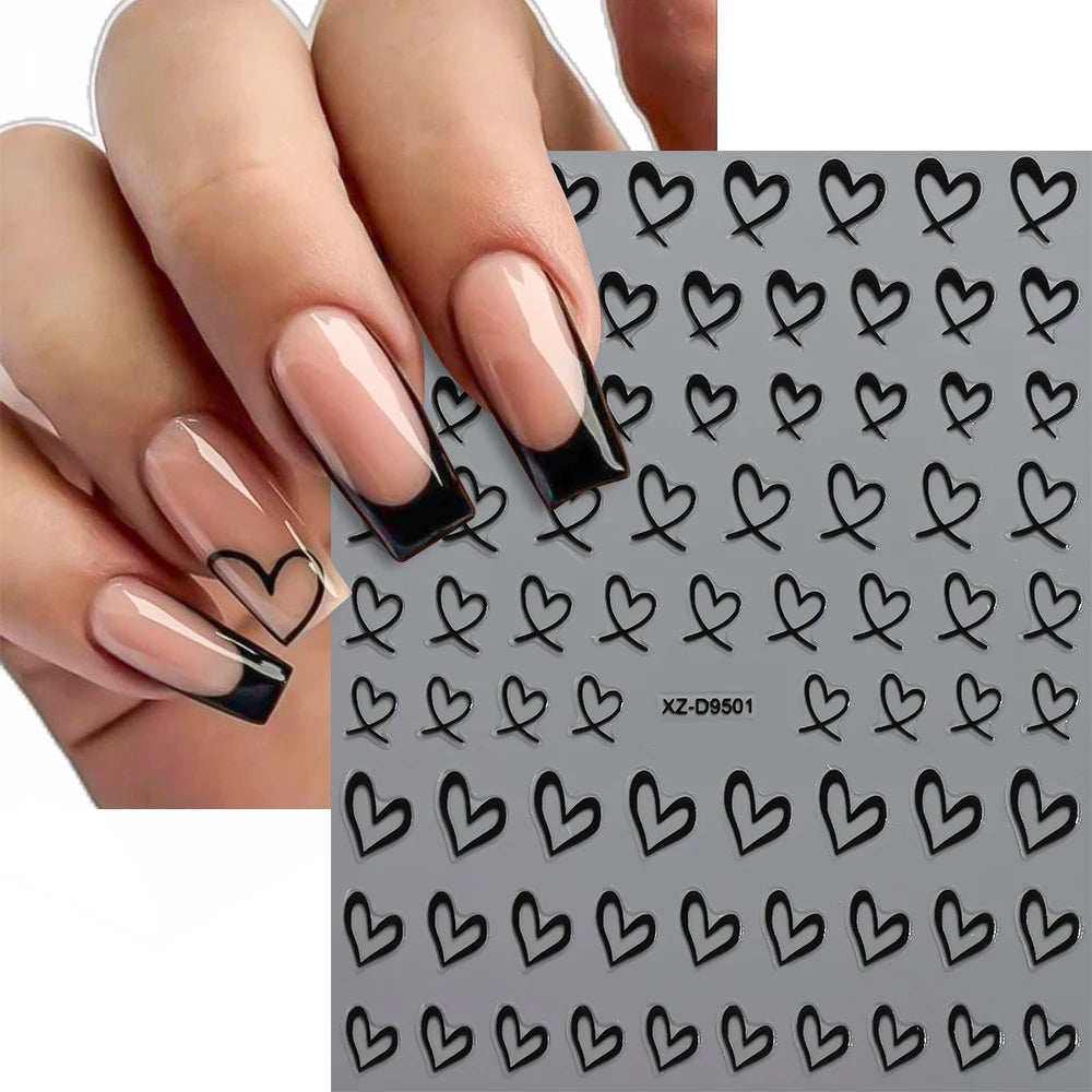8Colors 3D French Love-Heart Nail Stickers Hollow Sweetheart Adhesive Nail Decals DIY Valentine's Day Simple Manicure Decoration