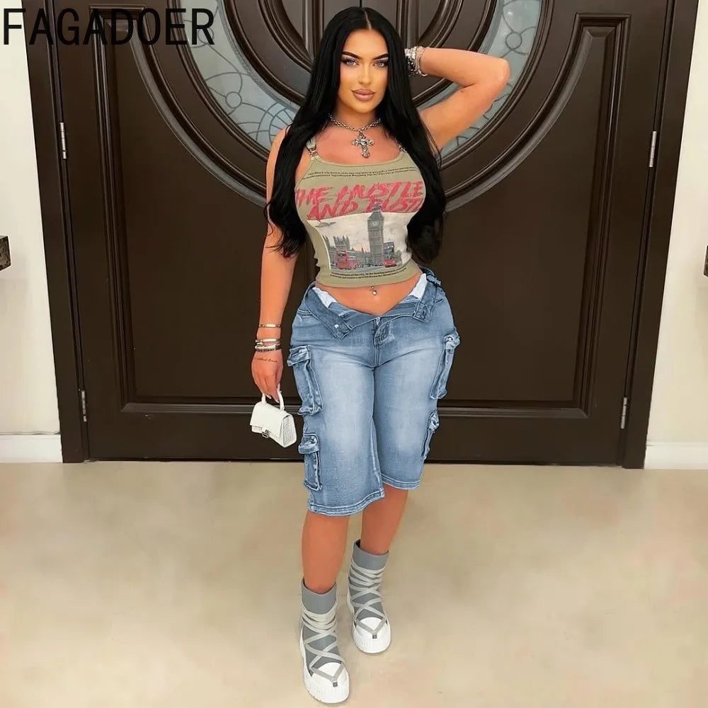 FAGADOER Fashion Straight Washed Denim Woman Solid Color Cargo Pants Patchwork Jeans Trousers Female Y2k Streetwear Bottoms New