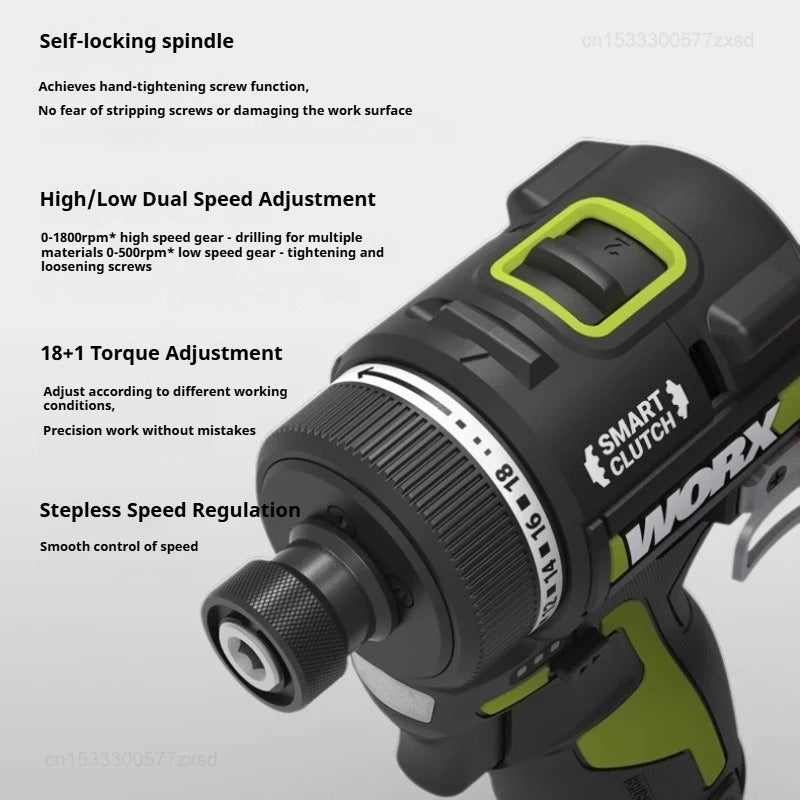Worx WU139 Cordless Driver Drill Brushless Electric Impact Screwdriver Rechargeable Metal Chuck High Torque DIY Power Tools