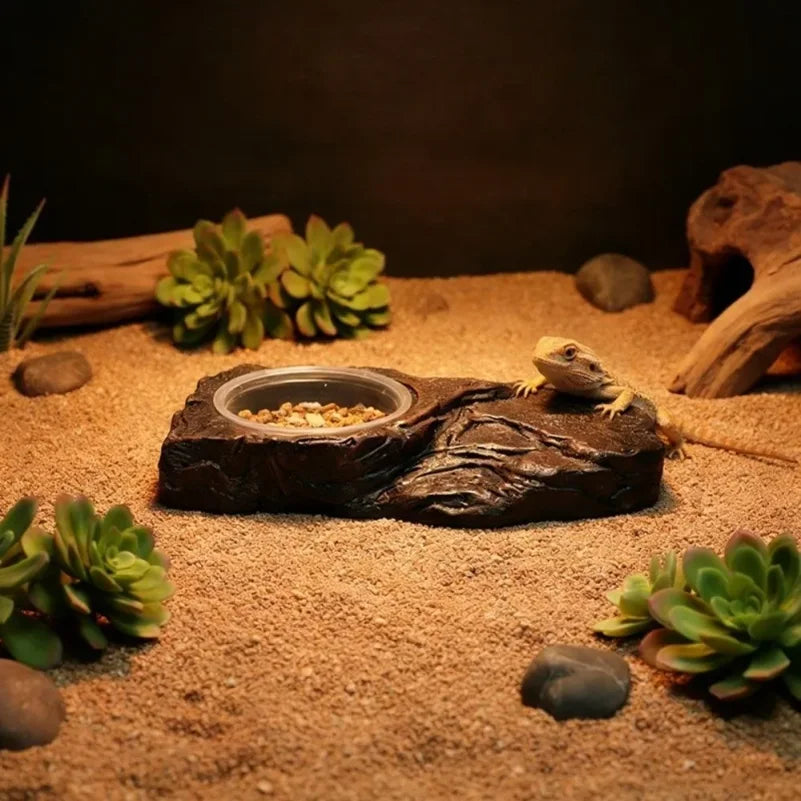 Imitation Stone Resin Rock Feeder Dish Wear Resistant Anti-knock Pet Feeder Ledge with Bowls Wide Mouth Reptile Food Bowl
