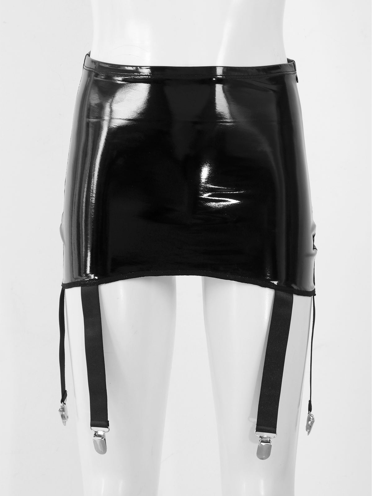 Women's Garter Straps Pencil Skirts Patent Leather Wet Look Garter Belt Short Mini Skirts with Buckle Clips Sexy Clubwear Party