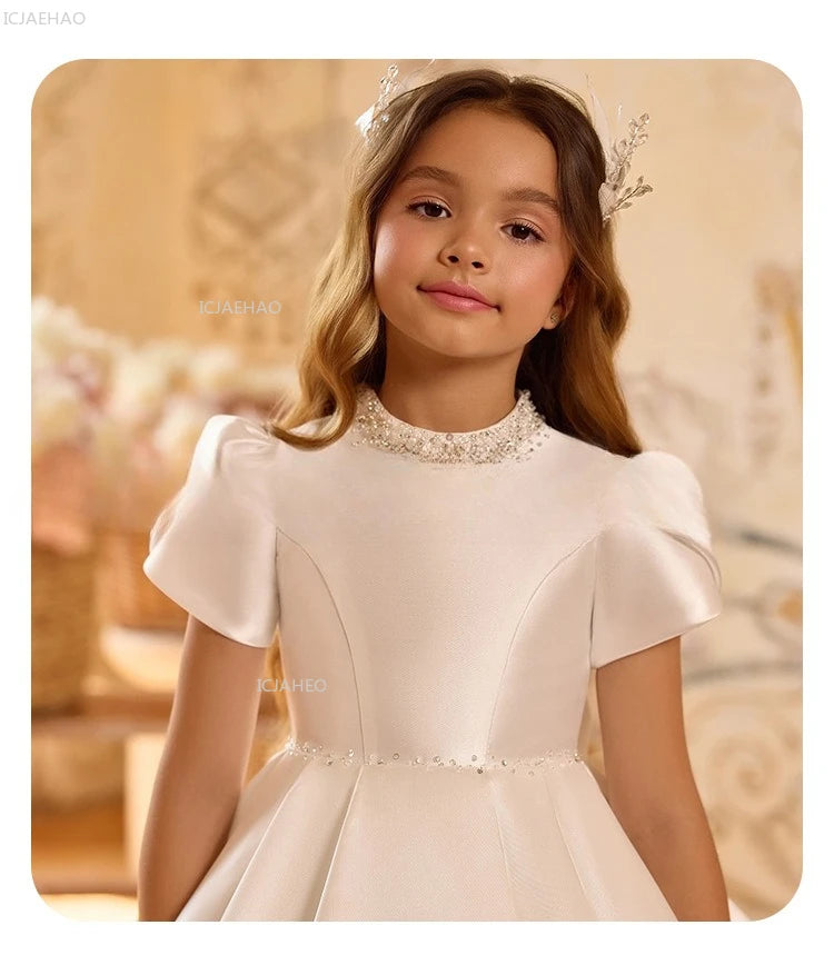 White Wedding Dress for Girls New Satin Princess Party Gown Clothes Children Birthday Host Piano Performance Pageant Costume