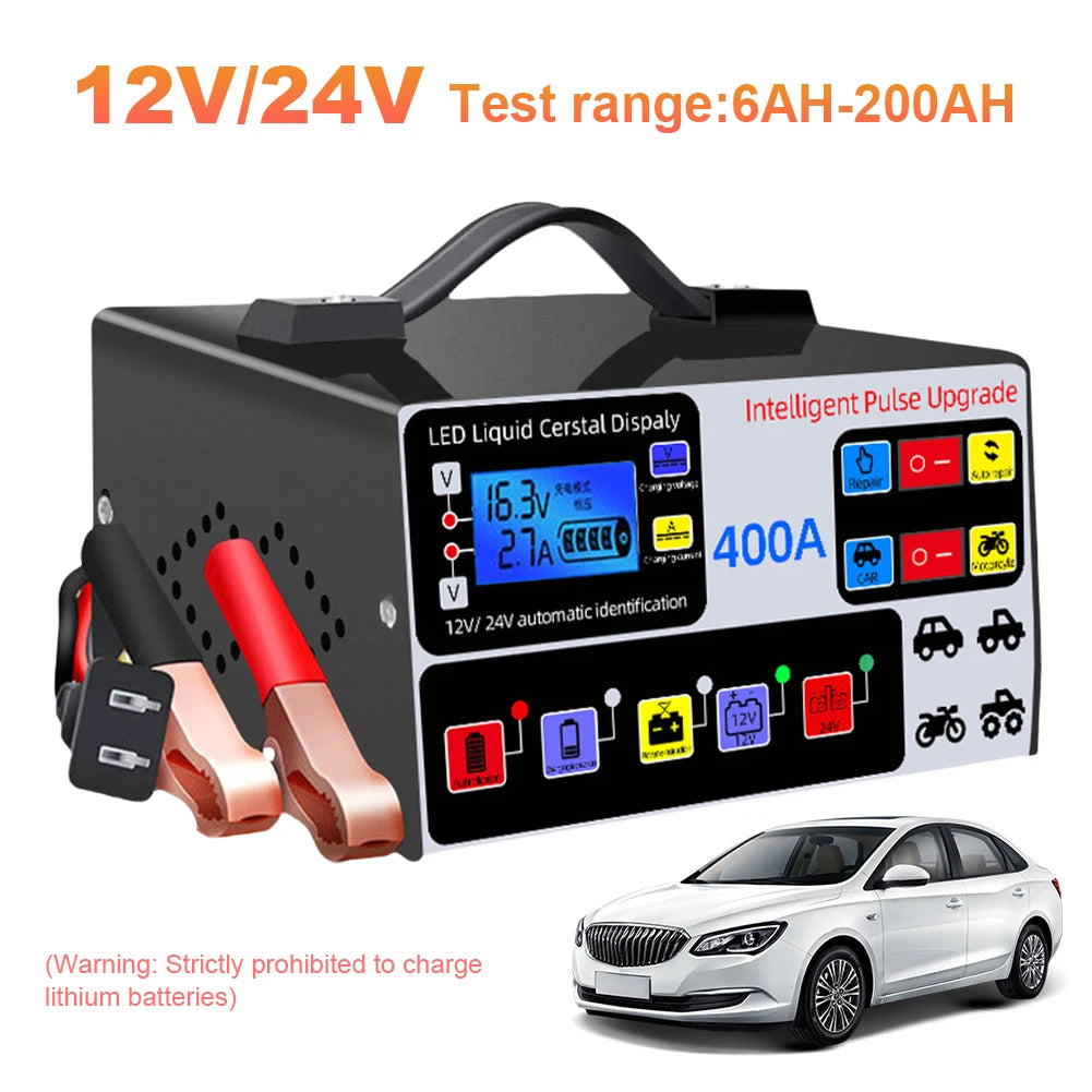 400A Intelligent Pulse Repair Charger Battery High Power Fast Charger 12V/24V Five-Stage Full Automatic Car Battery Charger 220W