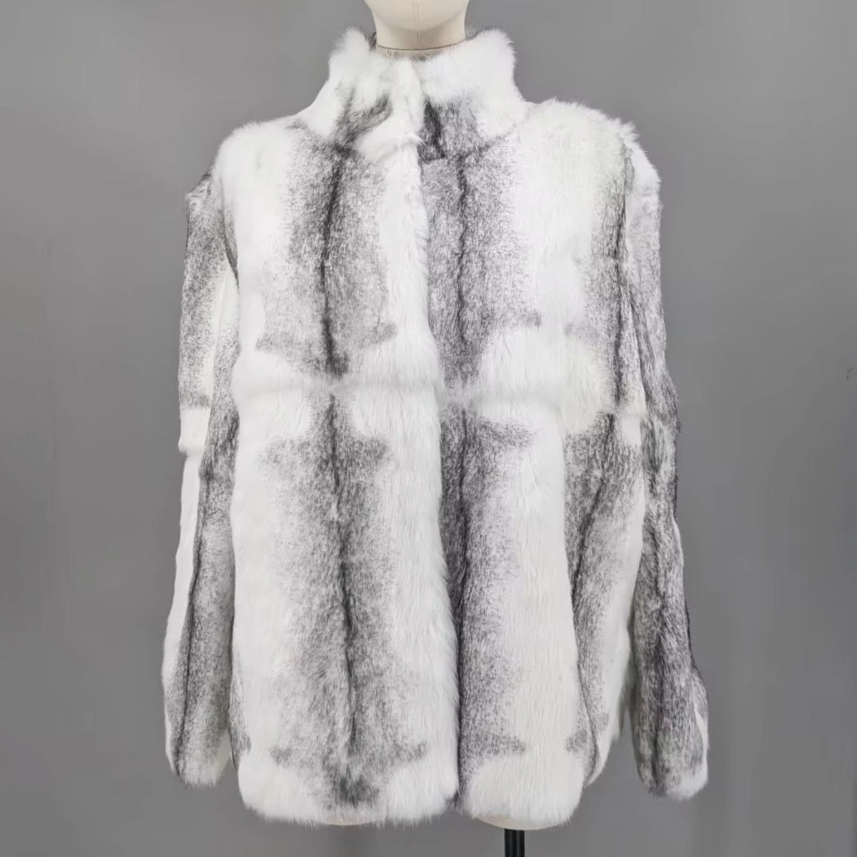 Women Real Rabbit Fur Coat High Collar Winter Jacket Make of One Rabbit Fur Cross Mink Pattern