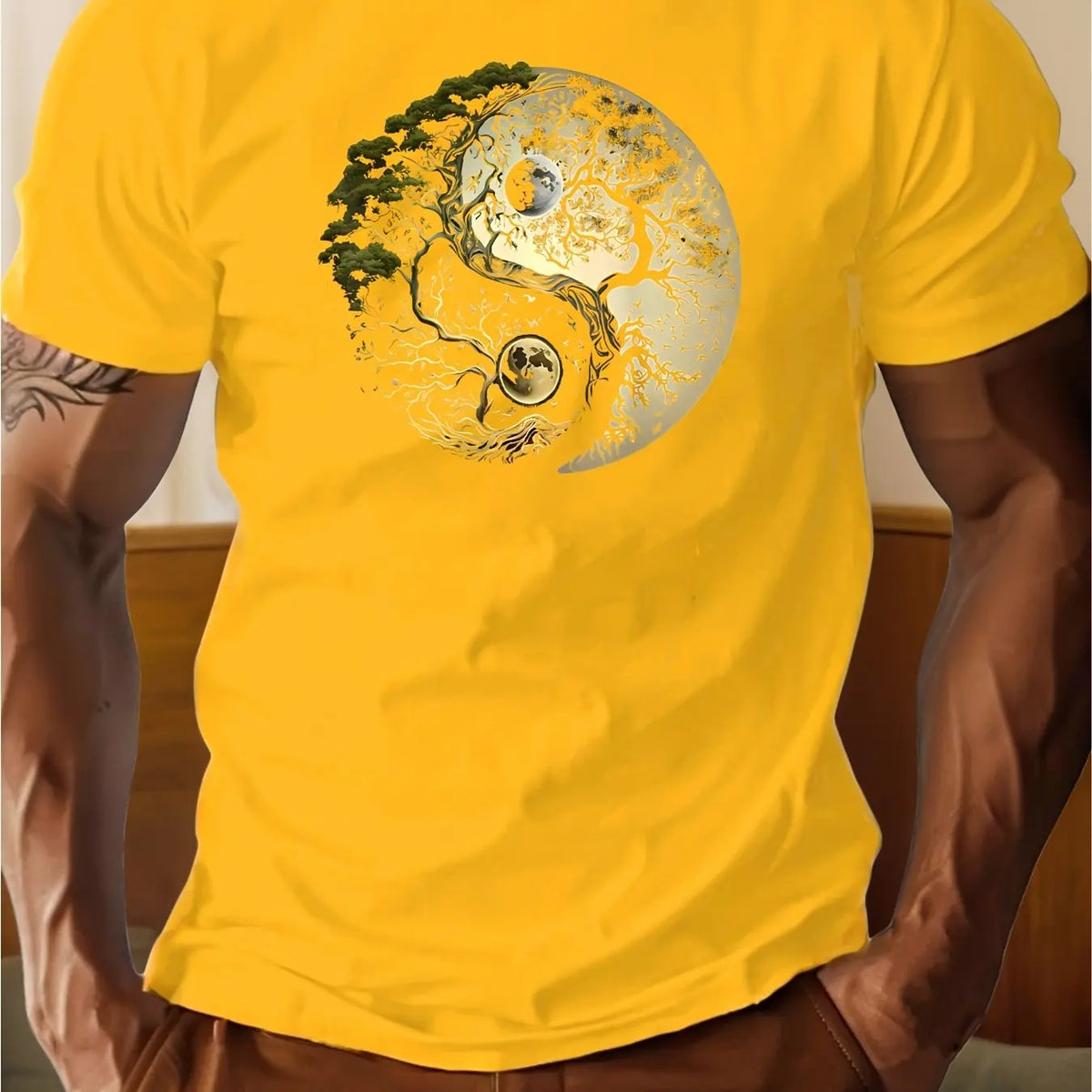 Men's Summer 100% Pure Cotton Casual Loose Sports T-Shirt Yin-Yang Tree Pattern Print round Neck Short-Sleeved Top