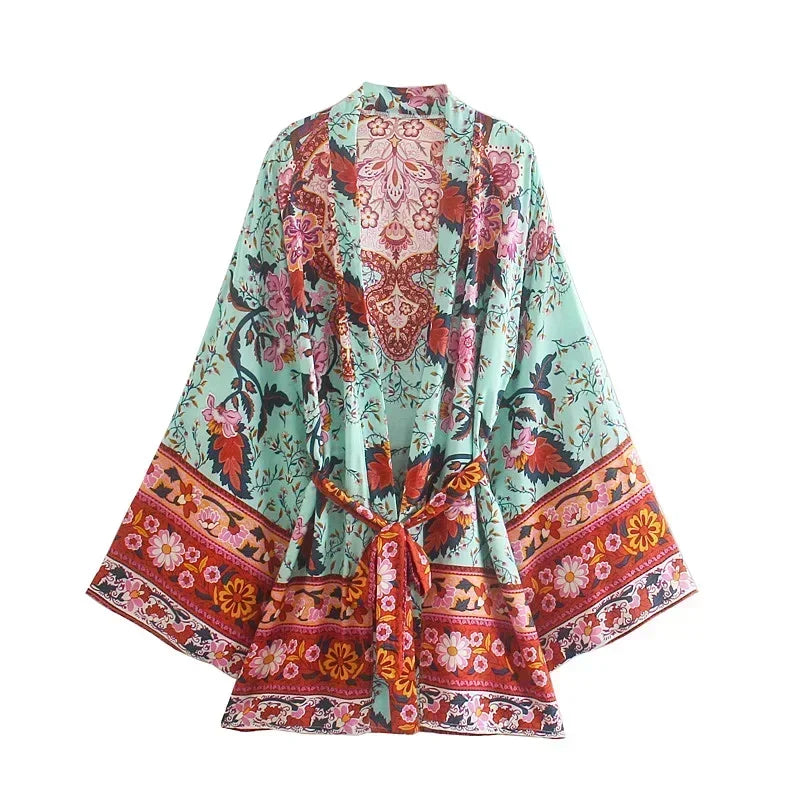 Boho Queens Vintage Peacock Floral Print Sashes Beach Kimono Women Bohemian Wrap Batwing Sleeves Holiday Bikini Cover-ups