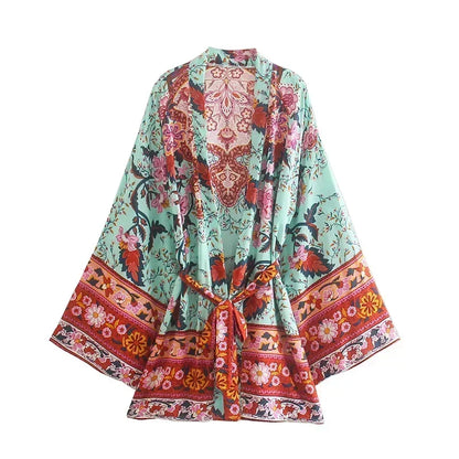 Boho Queens Vintage Peacock Floral Print Sashes Beach Kimono Women Bohemian Wrap Batwing Sleeves Holiday Bikini Cover-ups