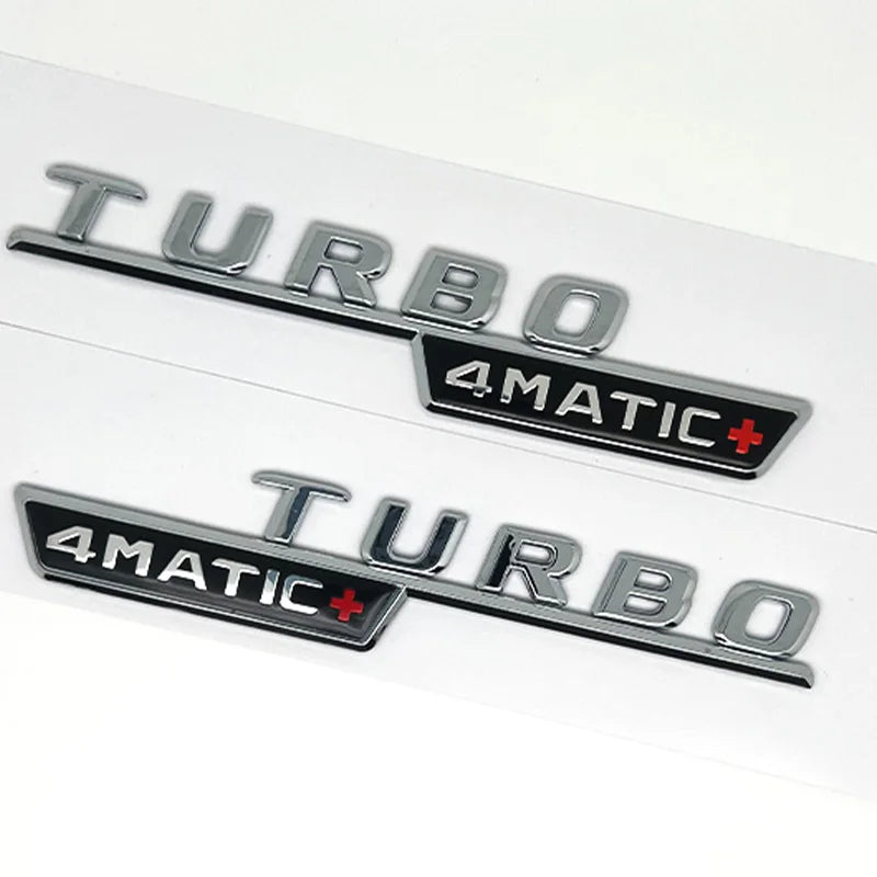 2pcs Car Letters Fender Trim Badge Turbo 4matic Plus Emblem Sticker For Mercedes AMG A45 CLA45 C117 GLA45 GLE53 X247 Accessories