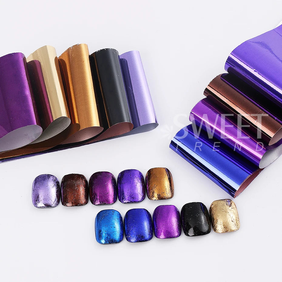 10pcs Metallic Nail Transfer Foils Mirror Gold Silver Purple Starry Paper Gel Polish Transfer Sticker DIY Pattern Manicure Decor