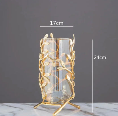 Gold Hollow Coral Vase Transparent Glass Vase Ornament Metal Rack Living Room Hydroponic Flower Arrangement Home Decoration