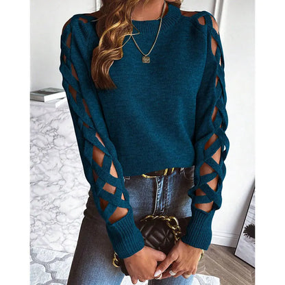 Women's Knitted Sweaters Arm Hollow Design Sweater Round Neck Long-sleeved Pullover Top Female Autumn Winter Casual Streetwear