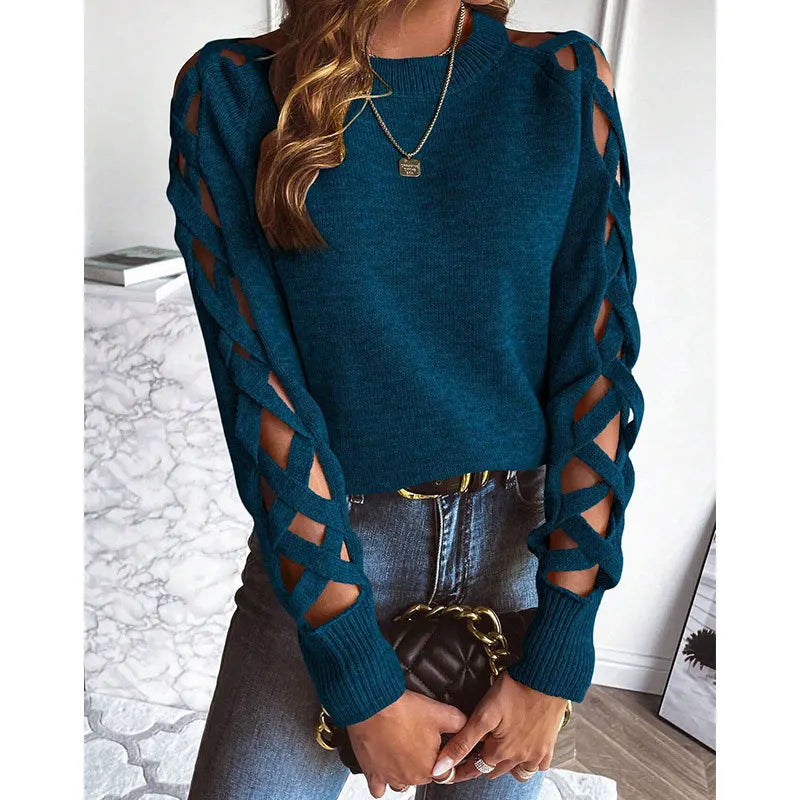 Women's Knitted Sweaters Arm Hollow Design Sweater Round Neck Long-sleeved Pullover Top Female Autumn Winter Casual Streetwear