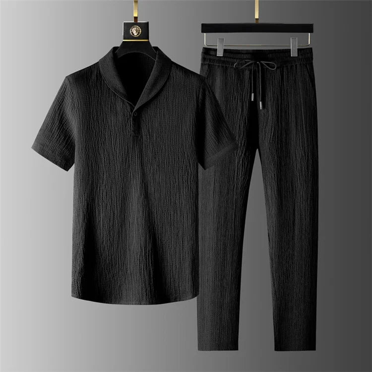 Summer Linen Set Men's Short Sleeve T-Shirt Tang Suit Style Casual Men's Wear Complete Set Lightweight Ice Silk Material